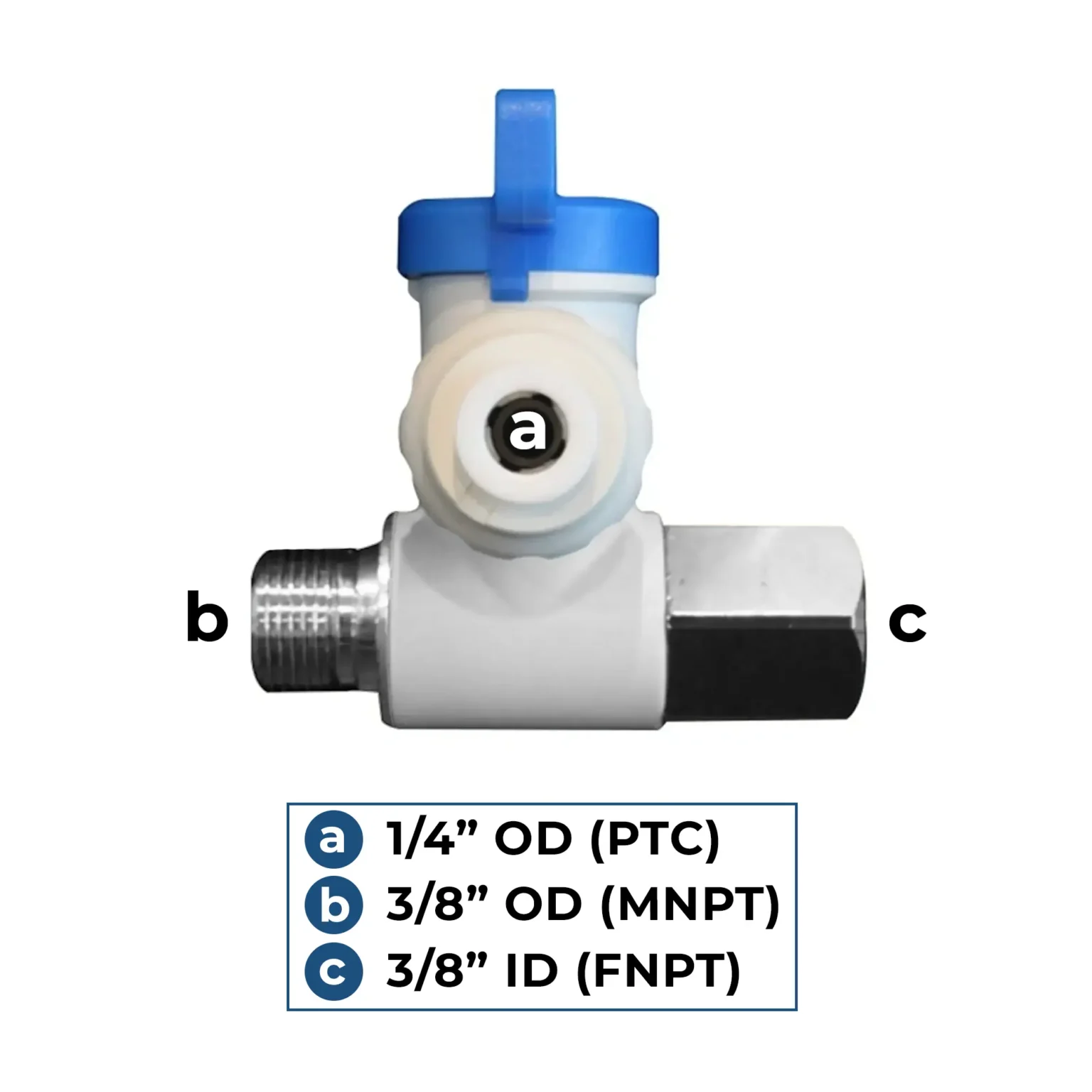 3/8″ FNPT x 3/8″ MNPT x 1/4″ PTC Angle Stop Adapter Valve - Acetal