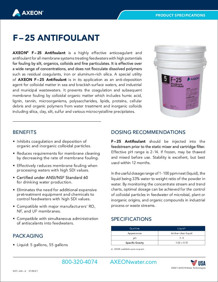 thumbnail of Axeon – F-25 Membrane Antifoulant – Spec Sheet