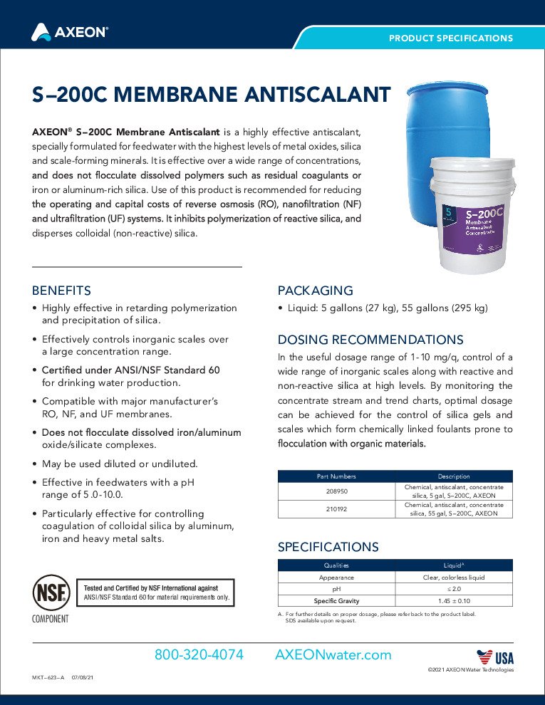 thumbnail of Axeon – S-200C Membrane Antiscalant Concentrate – Spec Sheet