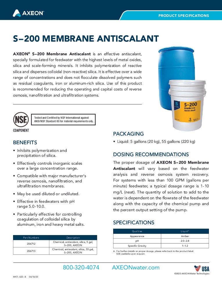 thumbnail of Axeon – S200 Membrane Antiscalant – Spec Sheet
