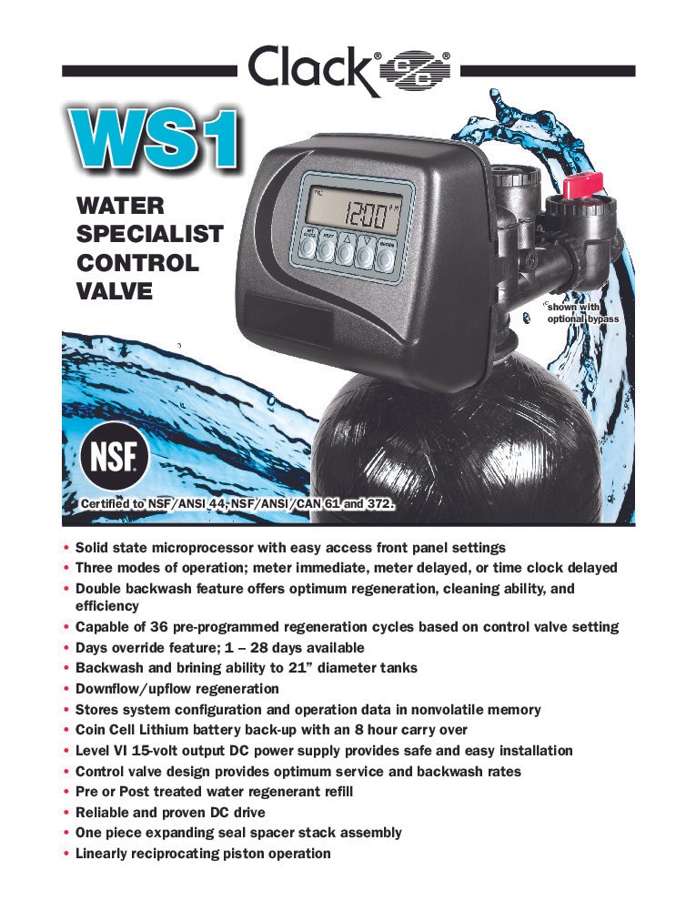 thumbnail of Clack – WS1 (Water Specialist 1-in Control Valve) Spec Sheet