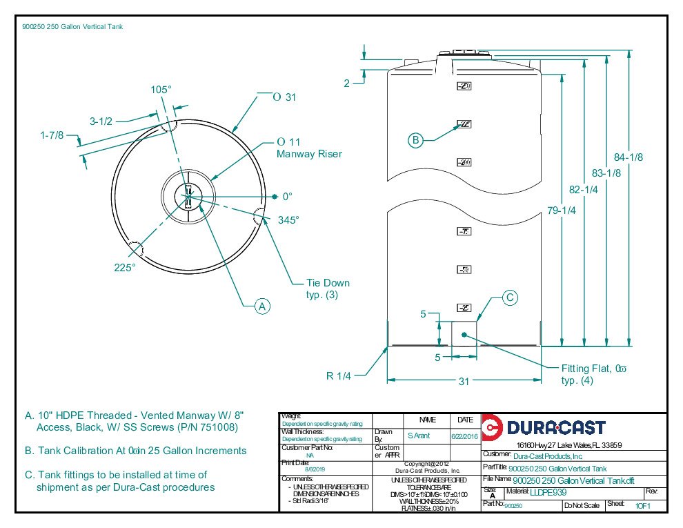 thumbnail of DuraCast – 250 Gallon Vertical Water Storage Tank – Spec Sheet