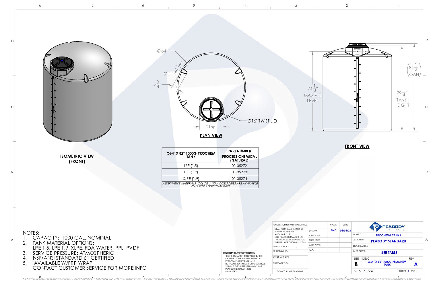 thumbnail of Peabody – 1000 Gallon Vertical Water Storage Tank – Spec Sheet