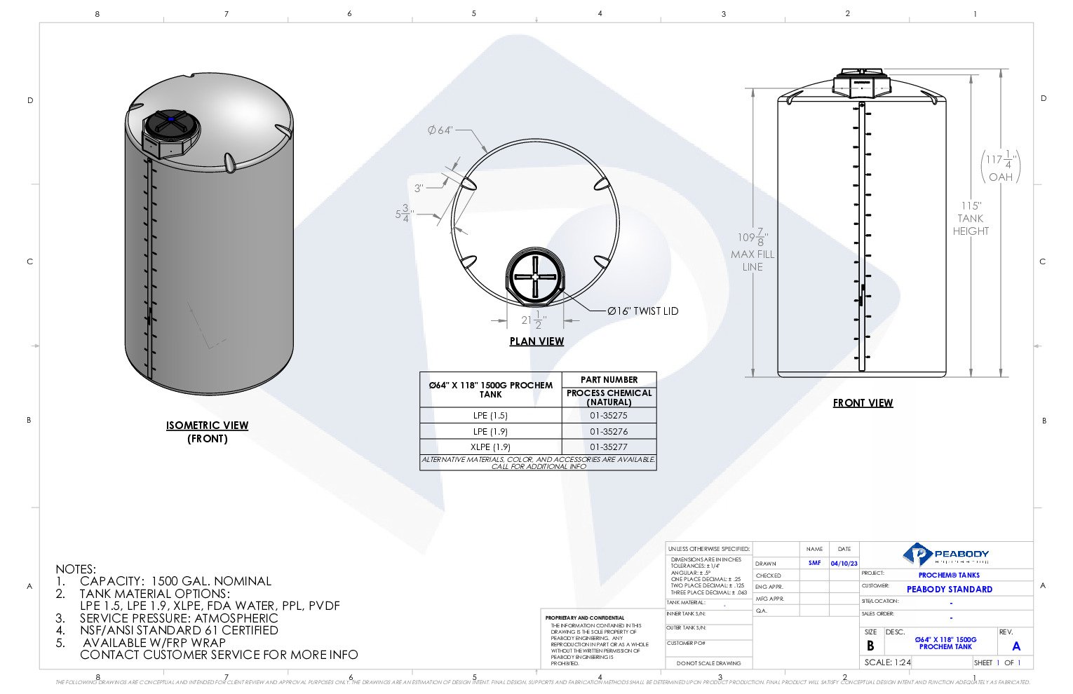 thumbnail of Peabody – 1500 Gallon Vertical Water Storage Tank – Spec Sheet