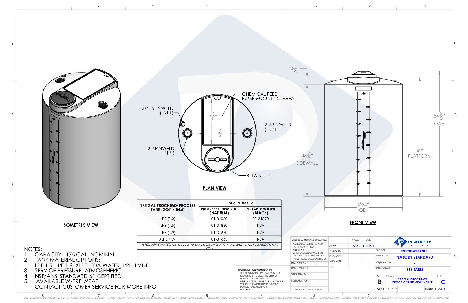 thumbnail of Peabody – 175 Gallon Vertical Water Storage Tank – Spec Sheet