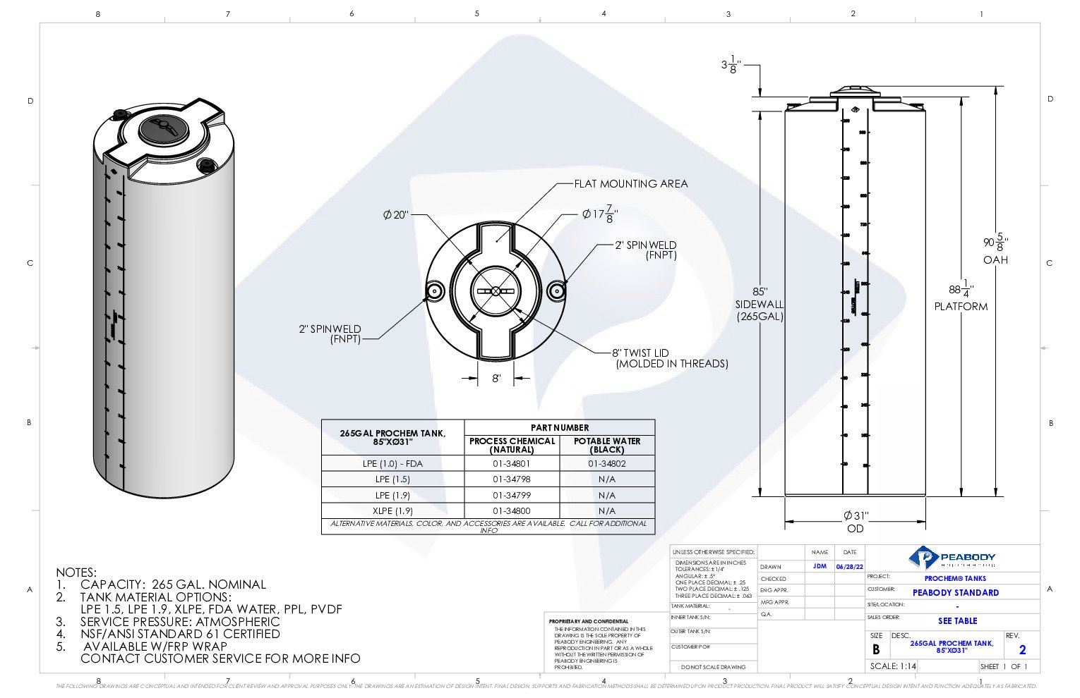 thumbnail of Peabody – 265 Gallon Vertical Water Storage Tank – Spec Sheet