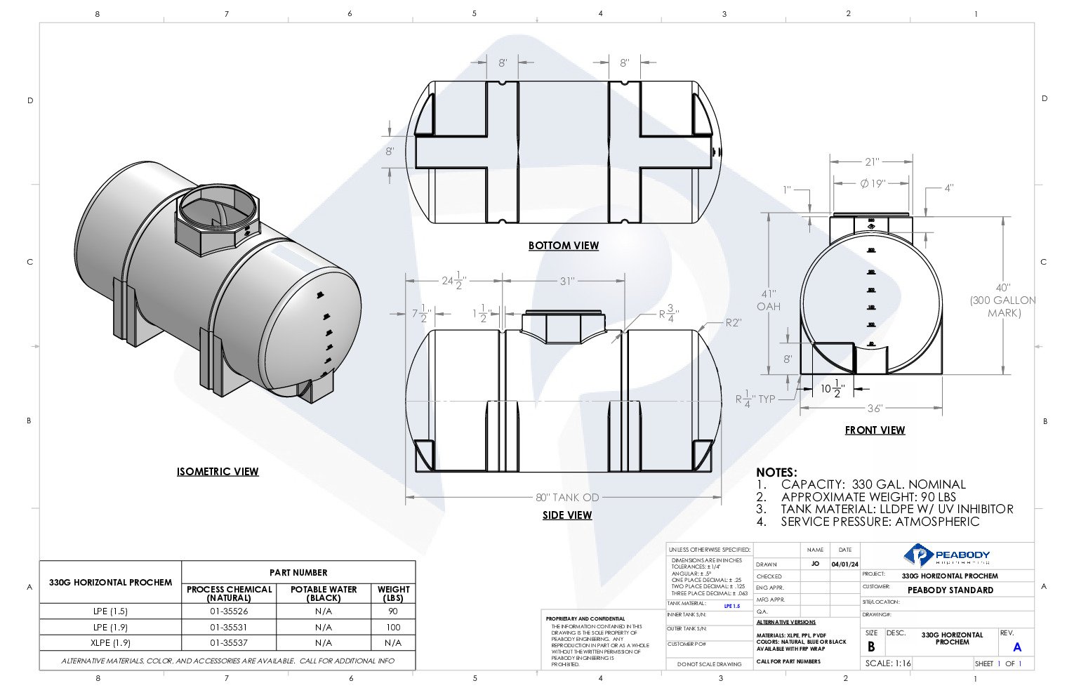 thumbnail of Peabody – 330 Gallon Horizontal Leg Water Storage Tank – Spec Sheet