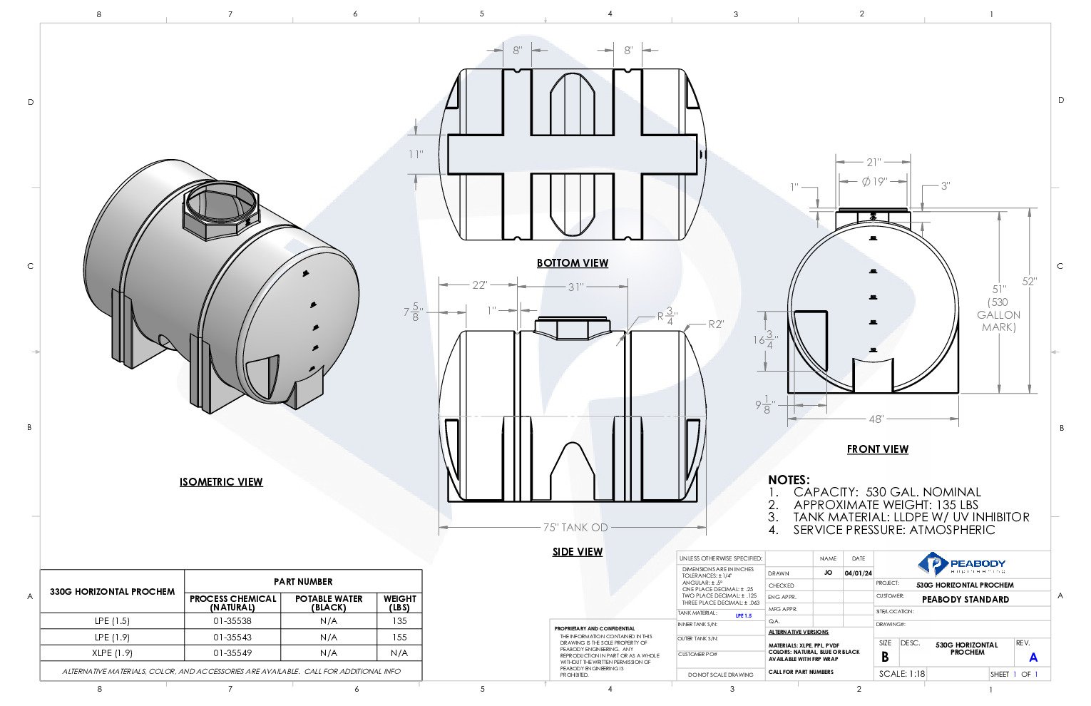 thumbnail of Peabody – 530 Gallon Horizontal Leg Water Storage Tank – Spec Sheet