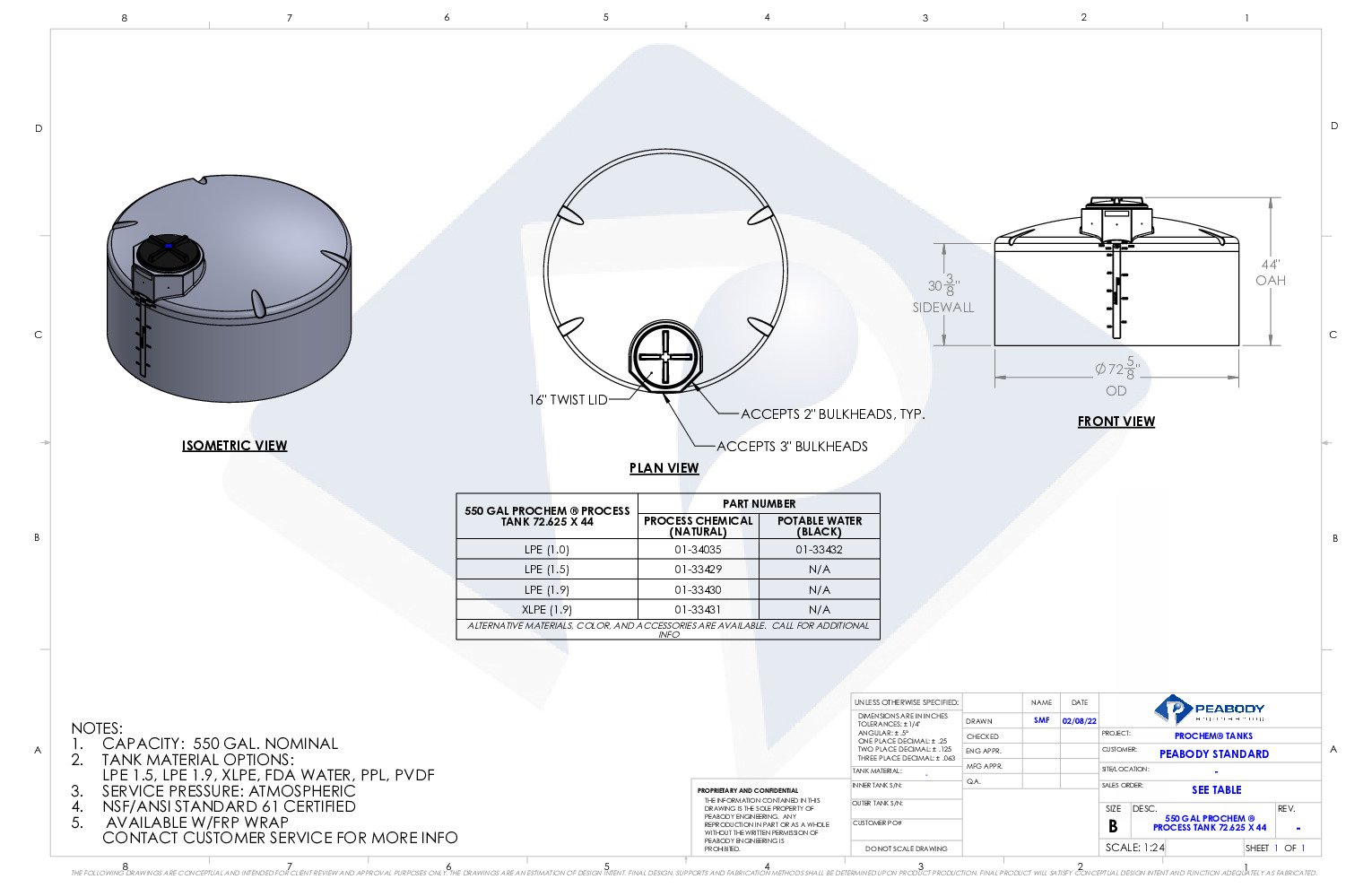 thumbnail of Peabody – 550 Gallon Vertical Water Storage Tank – Spec Sheet