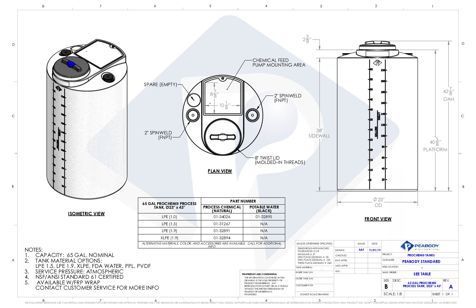 thumbnail of Peabody – 65 Gallon Vertical Water Storage Tank – Spec Sheet
