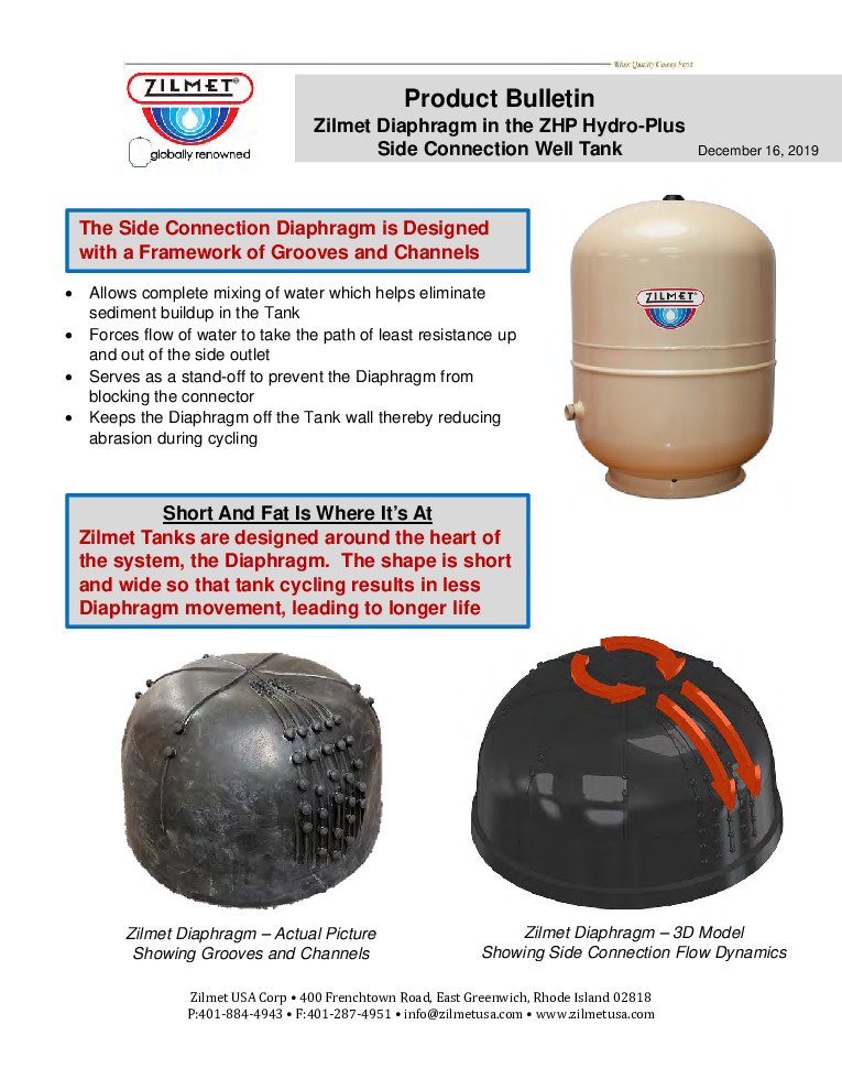 thumbnail of Zilmet – Diaphragm in Hydro-Plus Side Connection Pressure Tank – Information Sheet