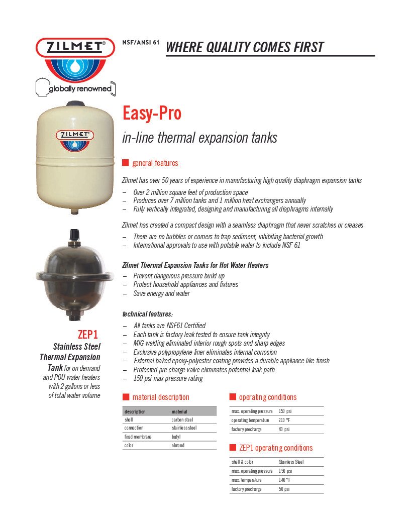 thumbnail of Zilmet – Easy-Pro In-Line Thermal Expansion Tanks – Spec Sheet