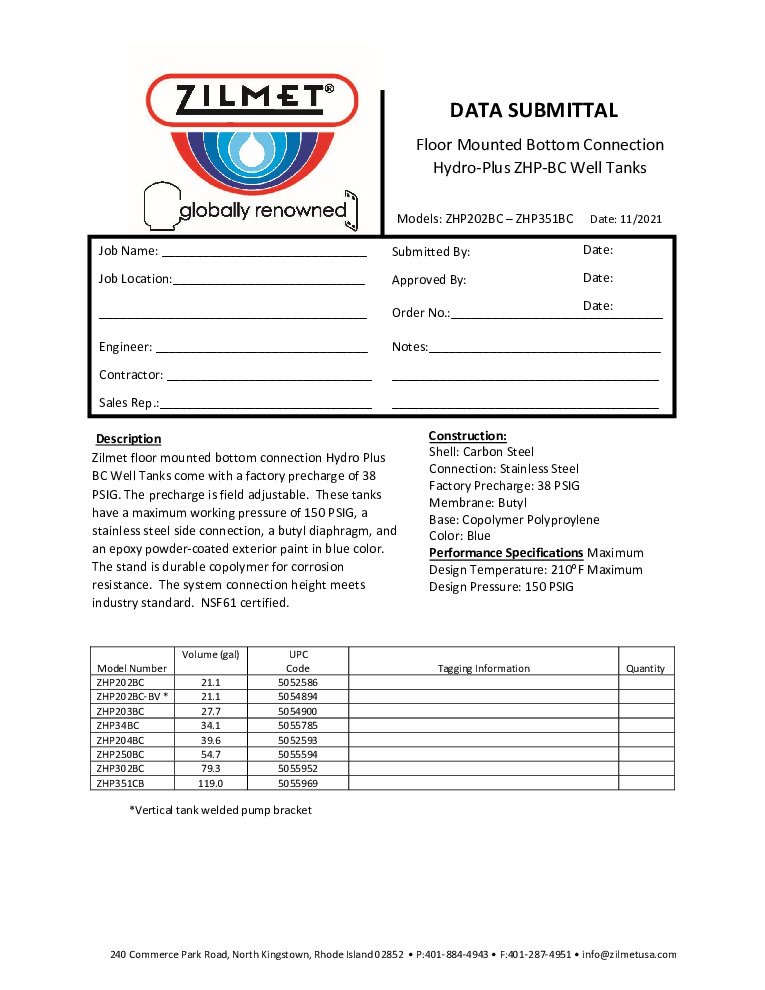 thumbnail of Zilmet – Hydro-Plus Bottom Connection Pressure Tanks – Data Submittal Sheet