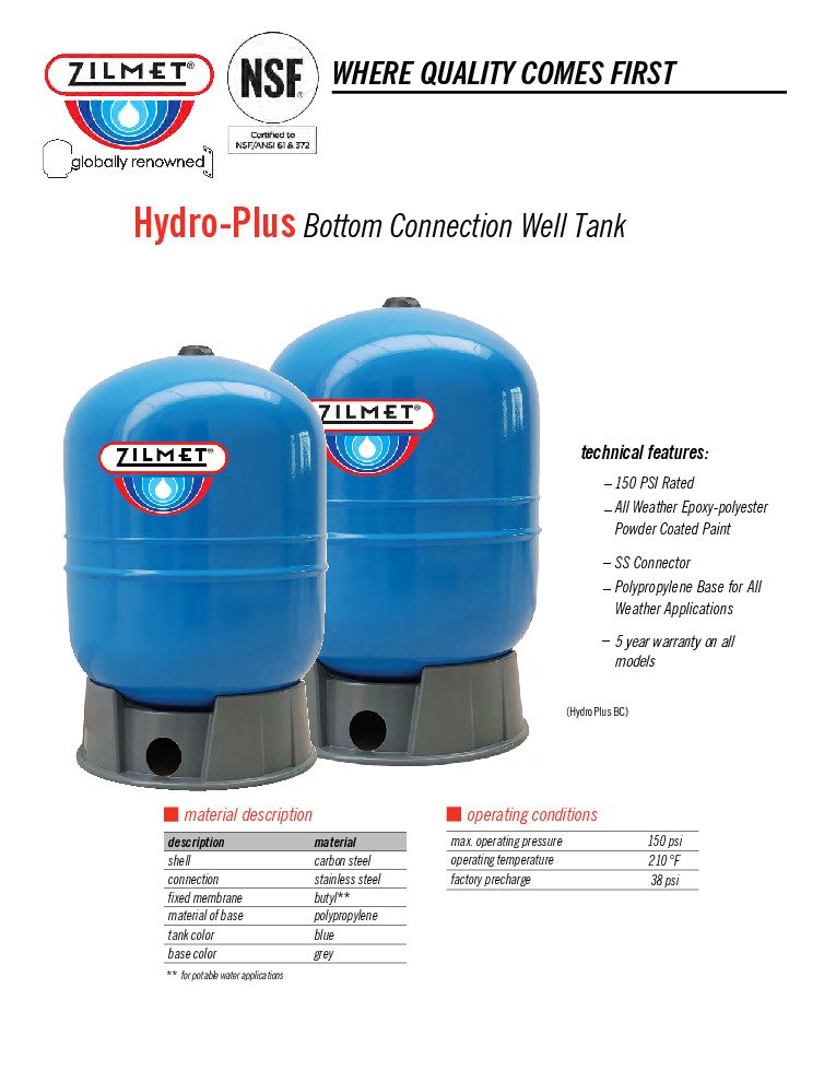thumbnail of Zilmet – Hydro-Plus Bottom Connection Pressure Tanks Spec Sheet