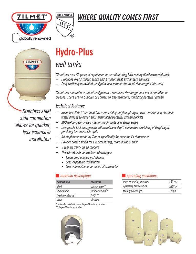thumbnail of Zilmet – Hydro-Plus Side Connection Pressure Tanks – Spec Sheet