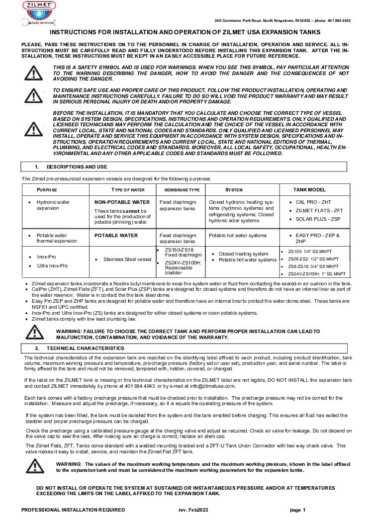 thumbnail of Zilmet – In-Line Thermal Expansion Tanks – Installation Guide