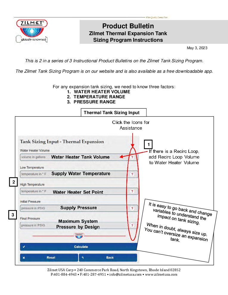 thumbnail of Zilmet – In-Line Thermal Expansion Tanks – Sizing Guide Instructions