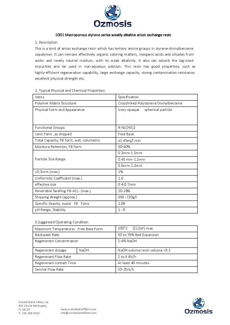 thumbnail of Ozmosis – D301 Macroporous White Anion Resin – Spec Sheet