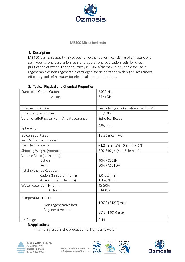 thumbnail of Ozmosis – MB400 Mixed Bed Resin – Spec Sheet