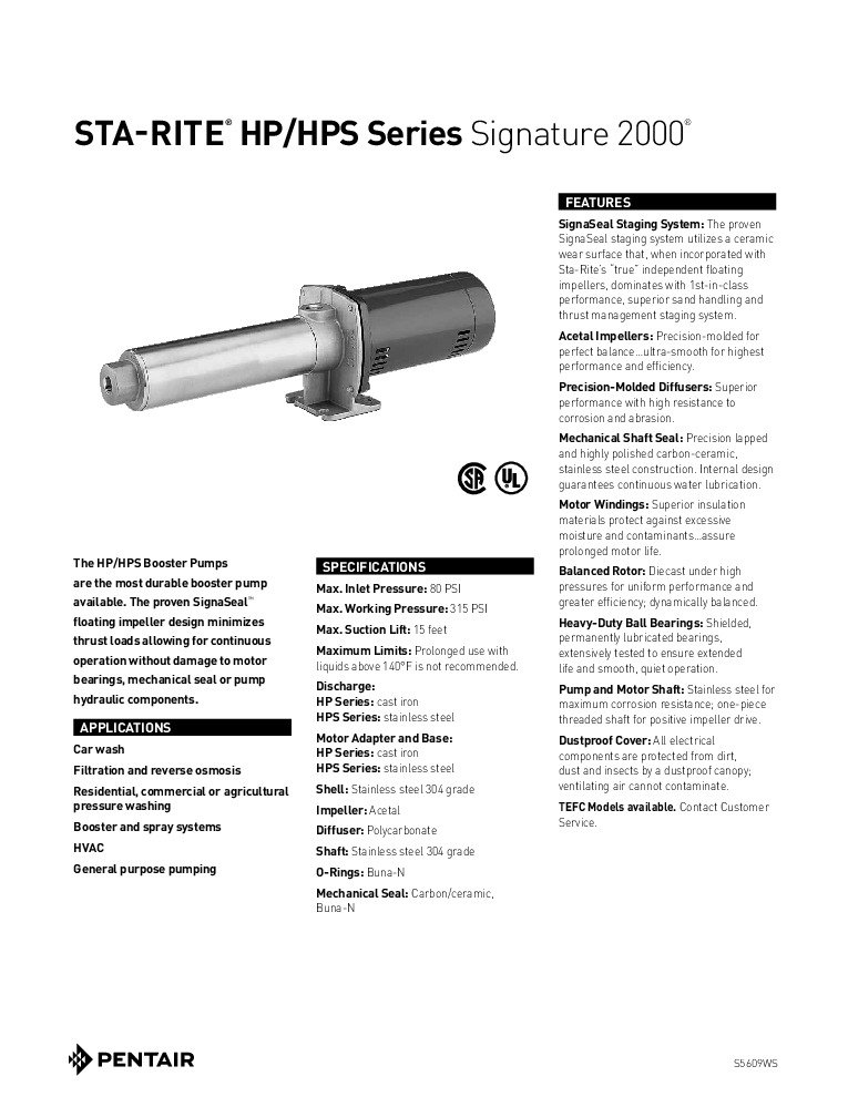 thumbnail of HPS – Pentair Sta-Rite Booster Pump Data Sheet