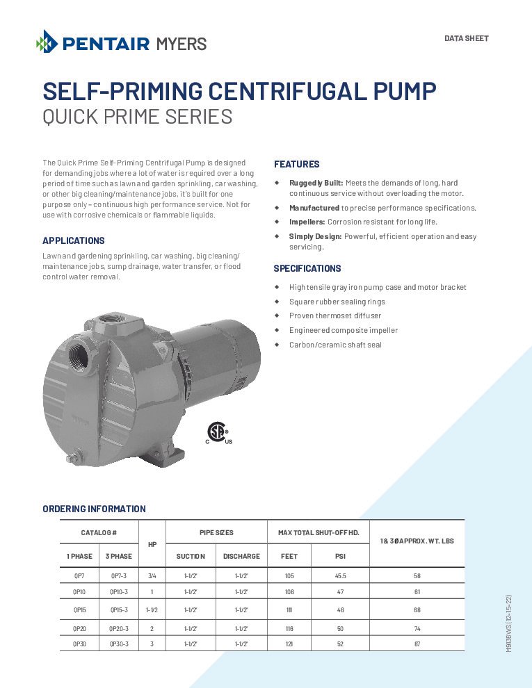thumbnail of Myers Quick Prime Self-Priming Centrifugal Pumps Data Sheet