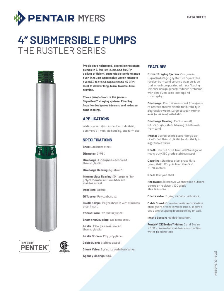 thumbnail of Myers Rustler Series 4-Inch Submersible Pumps Data Sheet