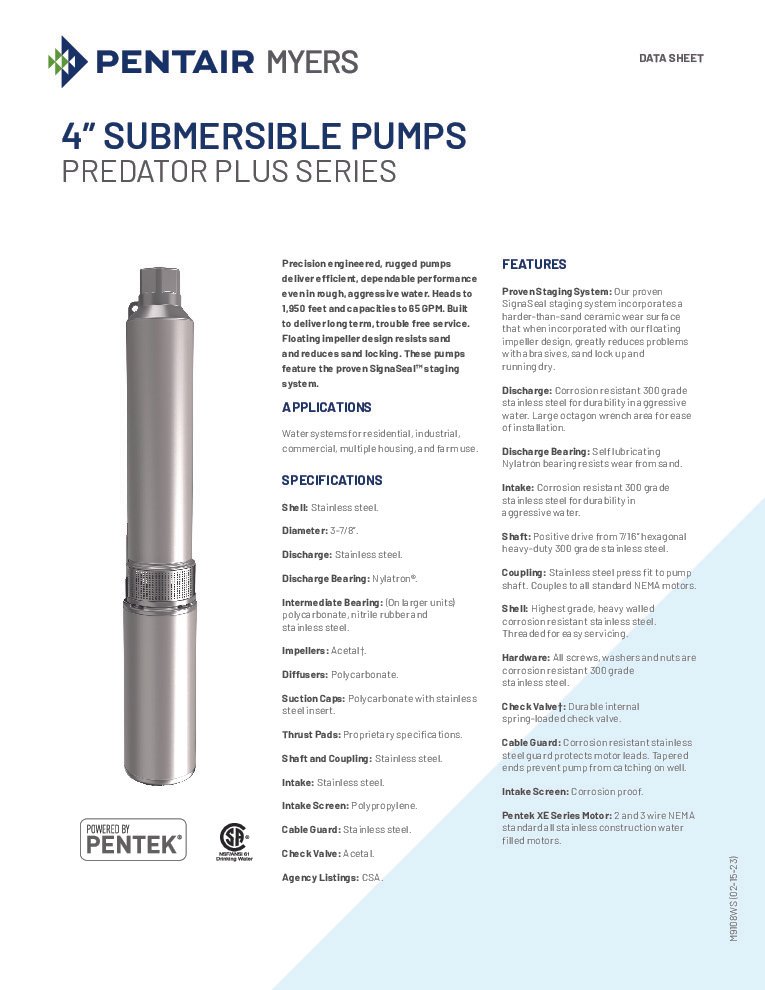 thumbnail of Pentair Myers Predator Plus Series 4-Inch Submersible Pumps Data Sheet