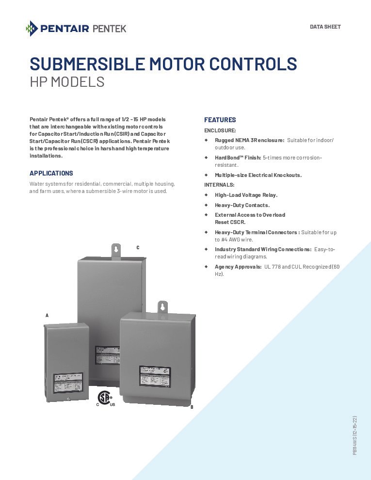 thumbnail of Pentek HP Model Submersible Motor Controls Data Sheet