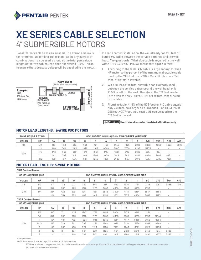 thumbnail of Pentek XE Series Cable Selection Submersible Motors Data Sheet
