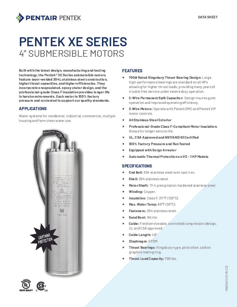 thumbnail of Pentex XE Series Submersible Motor Data Sheet