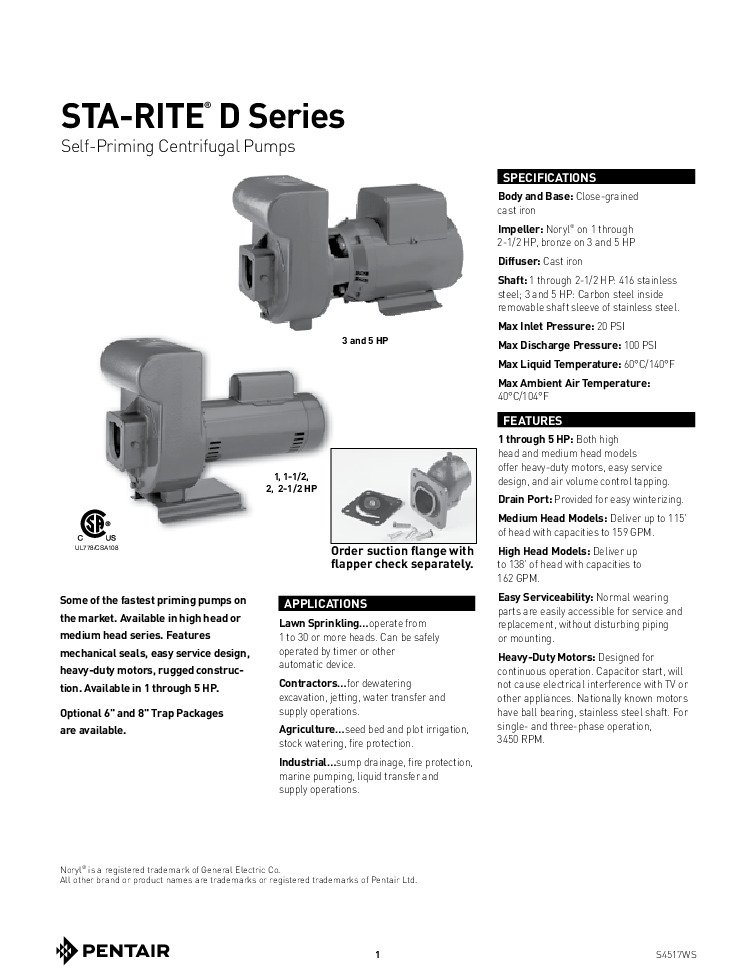 thumbnail of Sta-Rite D Series Self-Priming Centrifugal Pumps Data Sheet
